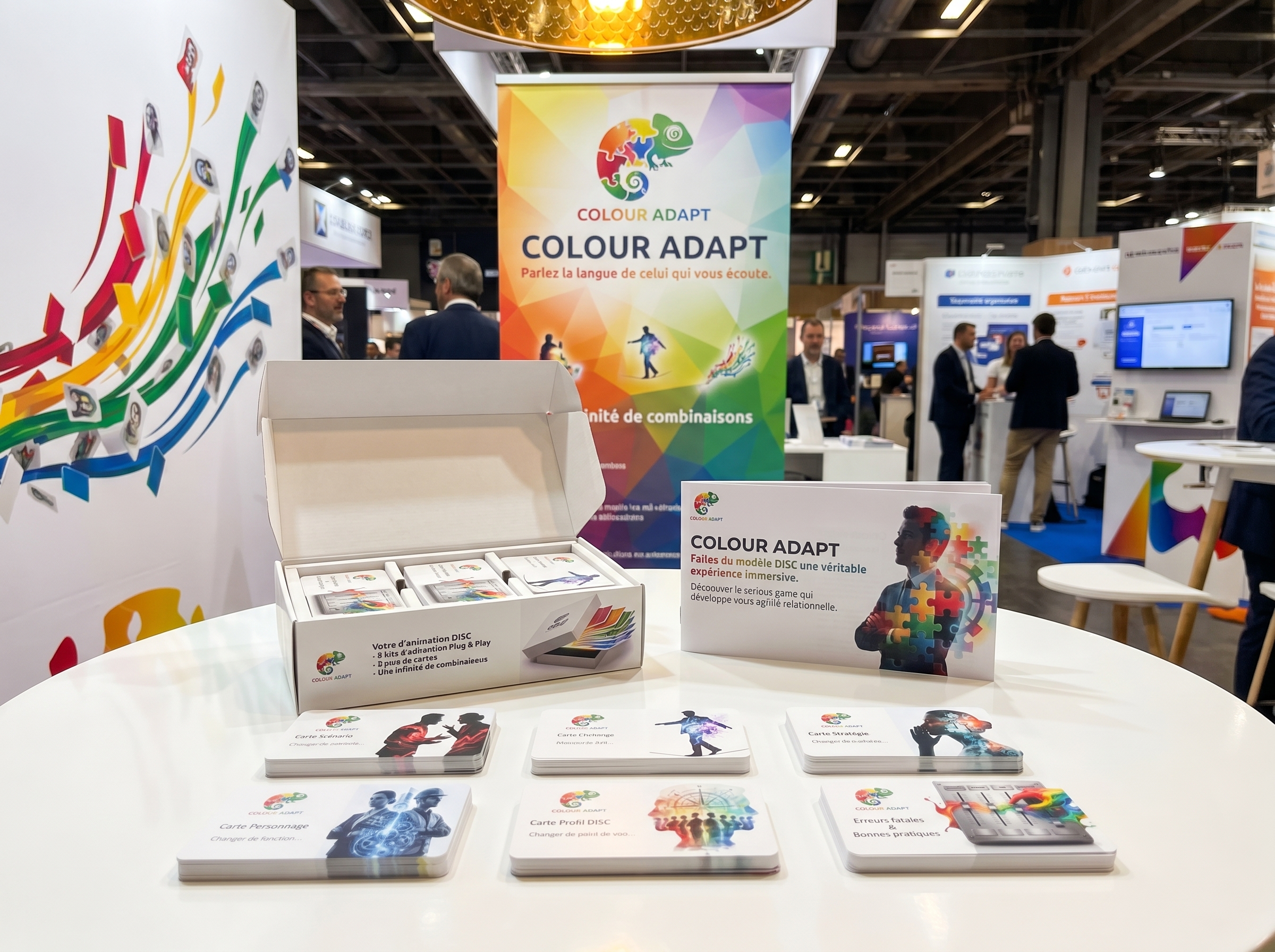 Boîte kit Colour Adapt et ses 6 jeux de cartes présentés sur une table